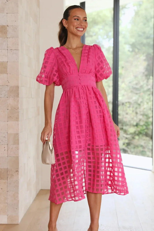 Vestido Midi con Estampado de Cuadros Calados para Mujer | Ideal para Eventos Formales y Ocasiones de Verano