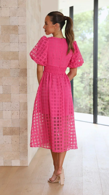 Vestido Midi con Estampado de Cuadros Calados para Mujer | Ideal para Eventos Formales y Ocasiones de Verano