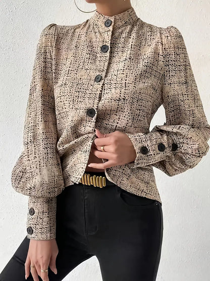 Blusa de Cuello Alto con Mangas Farol y Estampado Abstracto para Mujer | Ideal para Uso Diario