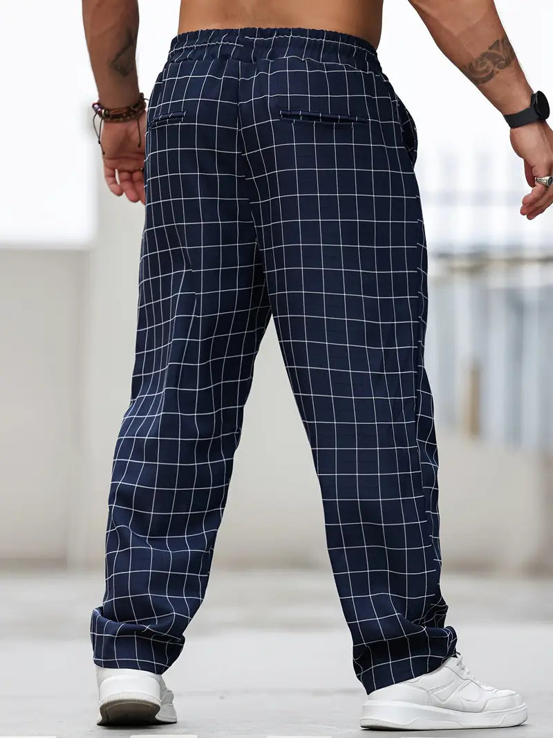 Pantalón de Corte Recto con Motivo Cuadriculado y Cintura Elástica para Hombre | Ideal para Uso Diario