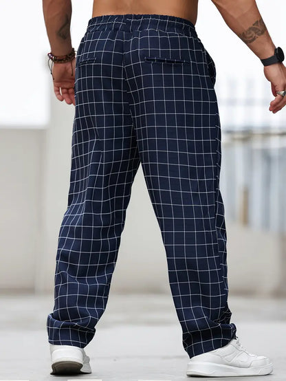 Pantalón de Corte Recto con Motivo Cuadriculado y Cintura Elástica para Hombre | Ideal para Uso Diario