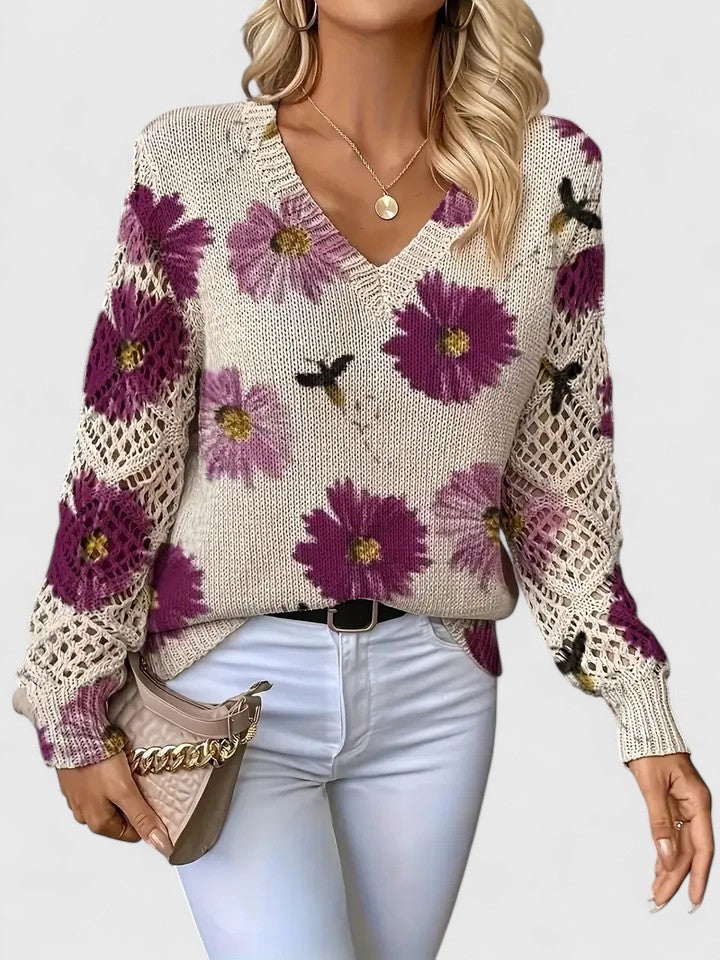 Jersey De Manga Larga Con Motivo Floral Y Cuello En V Para Mujer | Ideal Para Uso Diario
