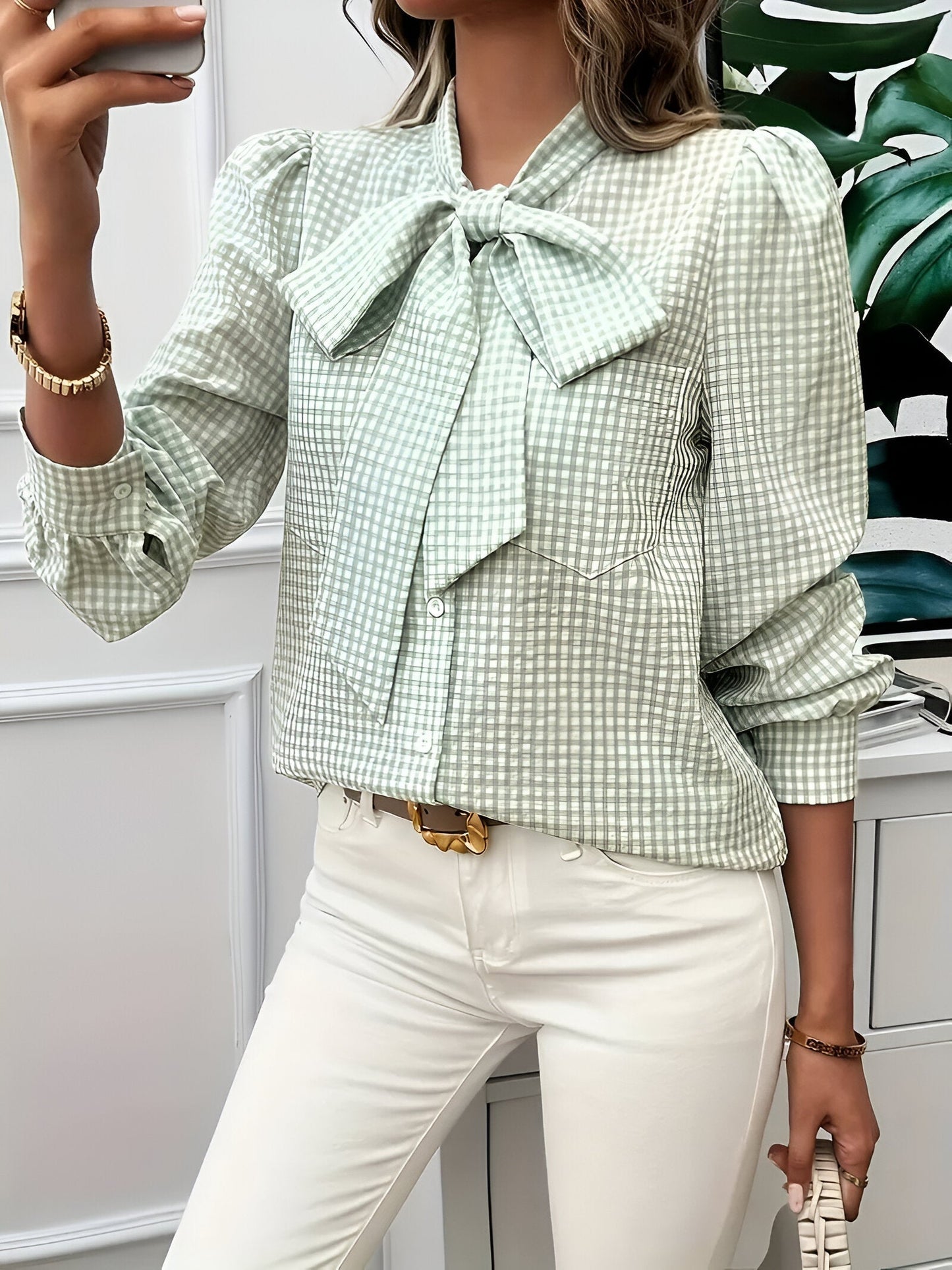 Blusa De Manga Larga Con Estampado De Cuadros Y Detalle De Lazo Para Mujer | Ideal Para Uso Diario O Profesional