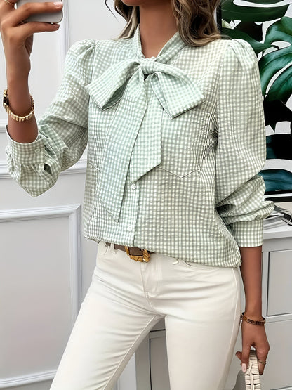 Blusa De Manga Larga Con Estampado De Cuadros Y Detalle De Lazo Para Mujer | Ideal Para Uso Diario O Profesional