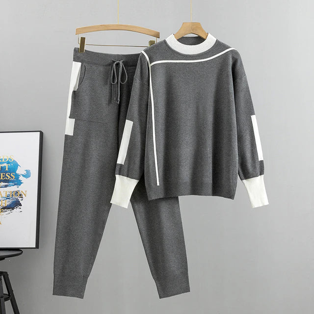 Conjunto de Jersey con Motivo Patchwork y Pantalón para Mujer | Ideal para Otoño