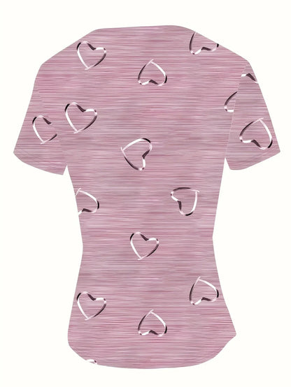 Top De Manga Larga Con Cuello En V Y Estampado De Corazones Para Mujer | Ideal Para Uso Diario