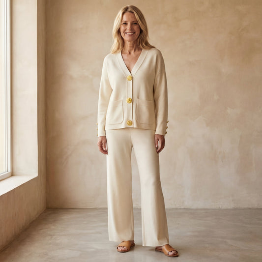 Conjunto de Dos Piezas con Cardigan de Cuello en V y Pantalón Ancho para Mujer | Ideal para Uso Diario