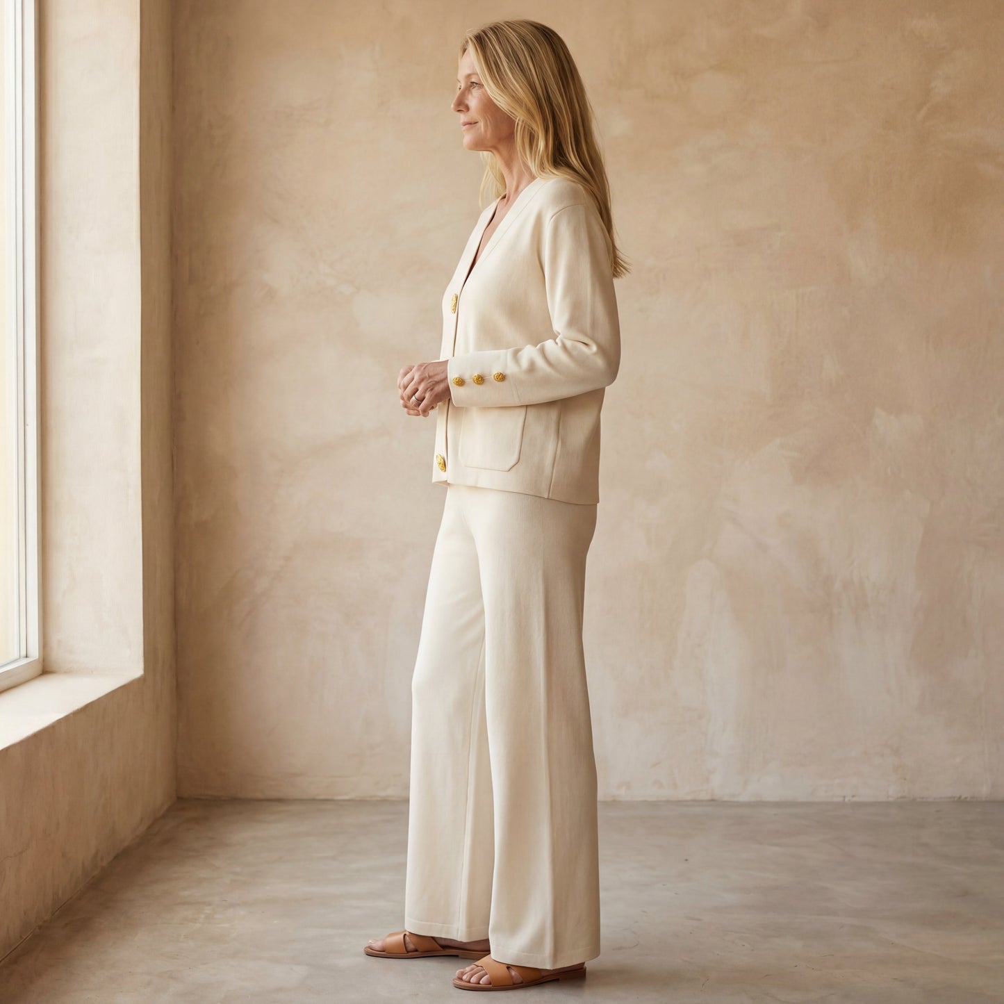 Conjunto de Dos Piezas con Cardigan de Cuello en V y Pantalón Ancho para Mujer | Ideal para Uso Diario