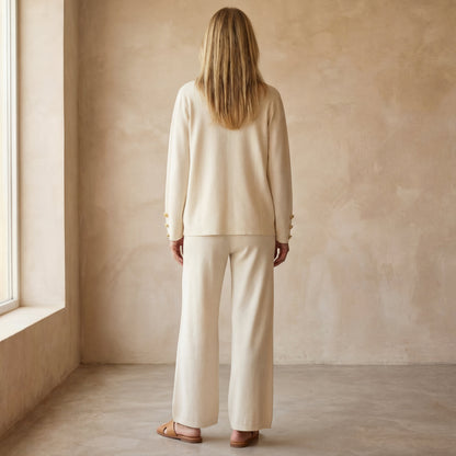 Conjunto de Dos Piezas con Cardigan de Cuello en V y Pantalón Ancho para Mujer | Ideal para Uso Diario