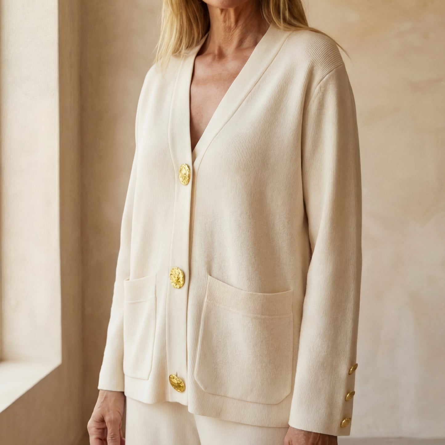 Conjunto de Dos Piezas con Cardigan de Cuello en V y Pantalón Ancho para Mujer | Ideal para Uso Diario