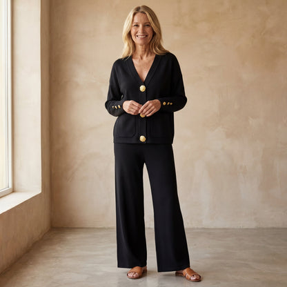 Conjunto de Dos Piezas con Cardigan de Cuello en V y Pantalón Ancho para Mujer | Ideal para Uso Diario