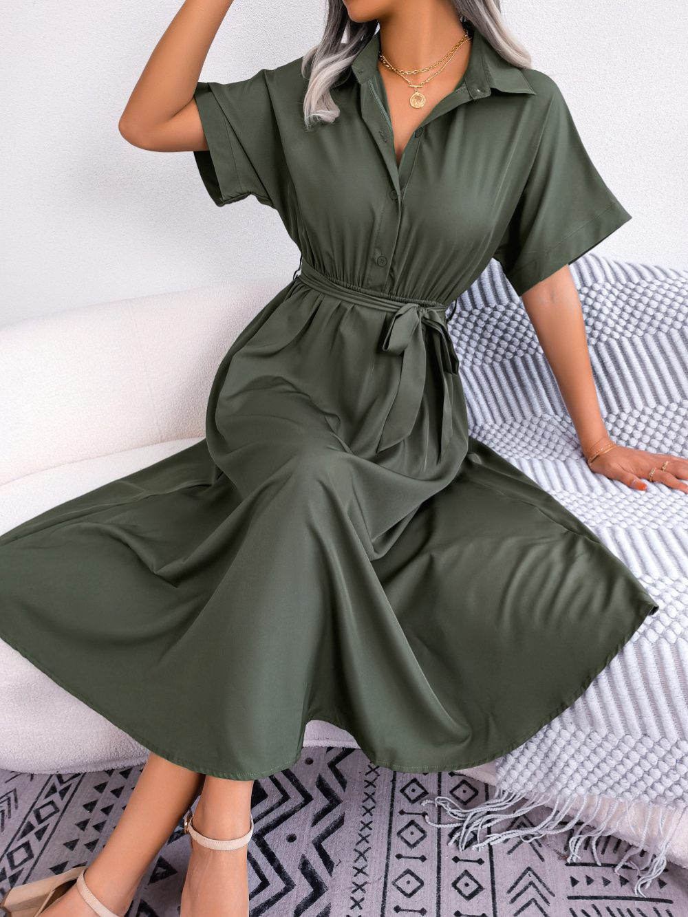 Vestido Camisero Midi con Cuello Clásico y Cinturón para Mujer | Ideal para Uso Diario