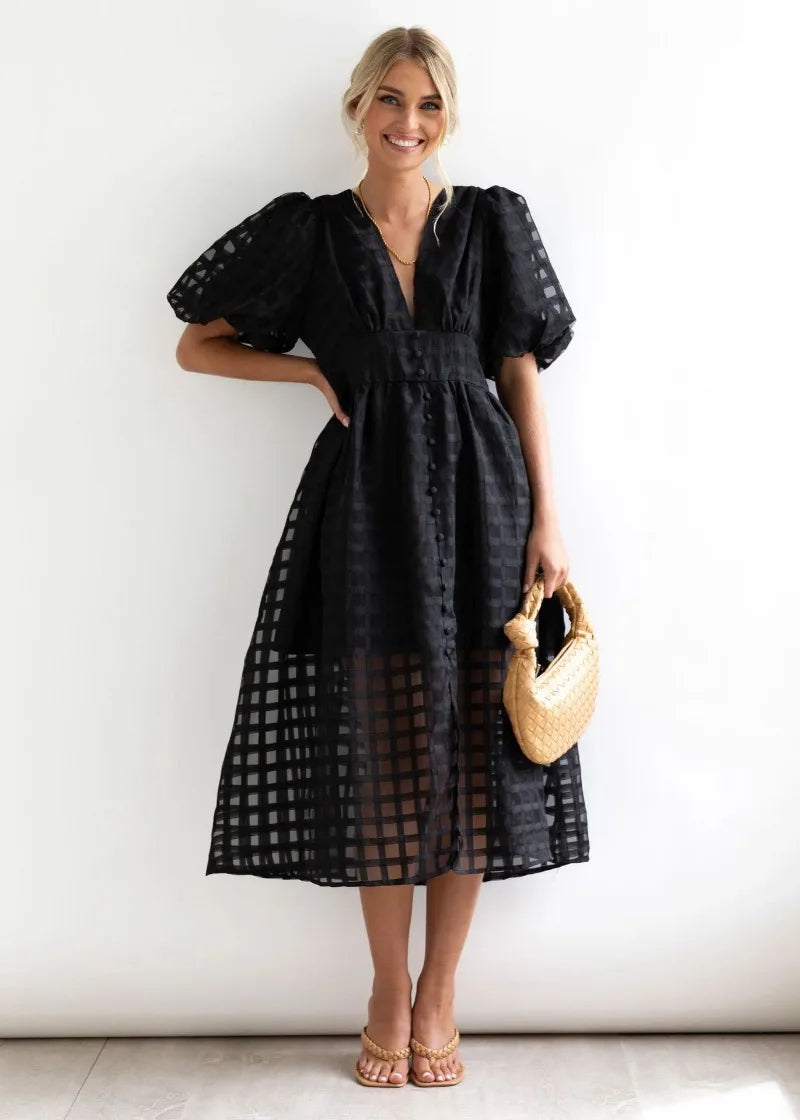 Vestido Midi con Estampado de Cuadros Calados para Mujer | Ideal para Eventos Formales y Ocasiones de Verano