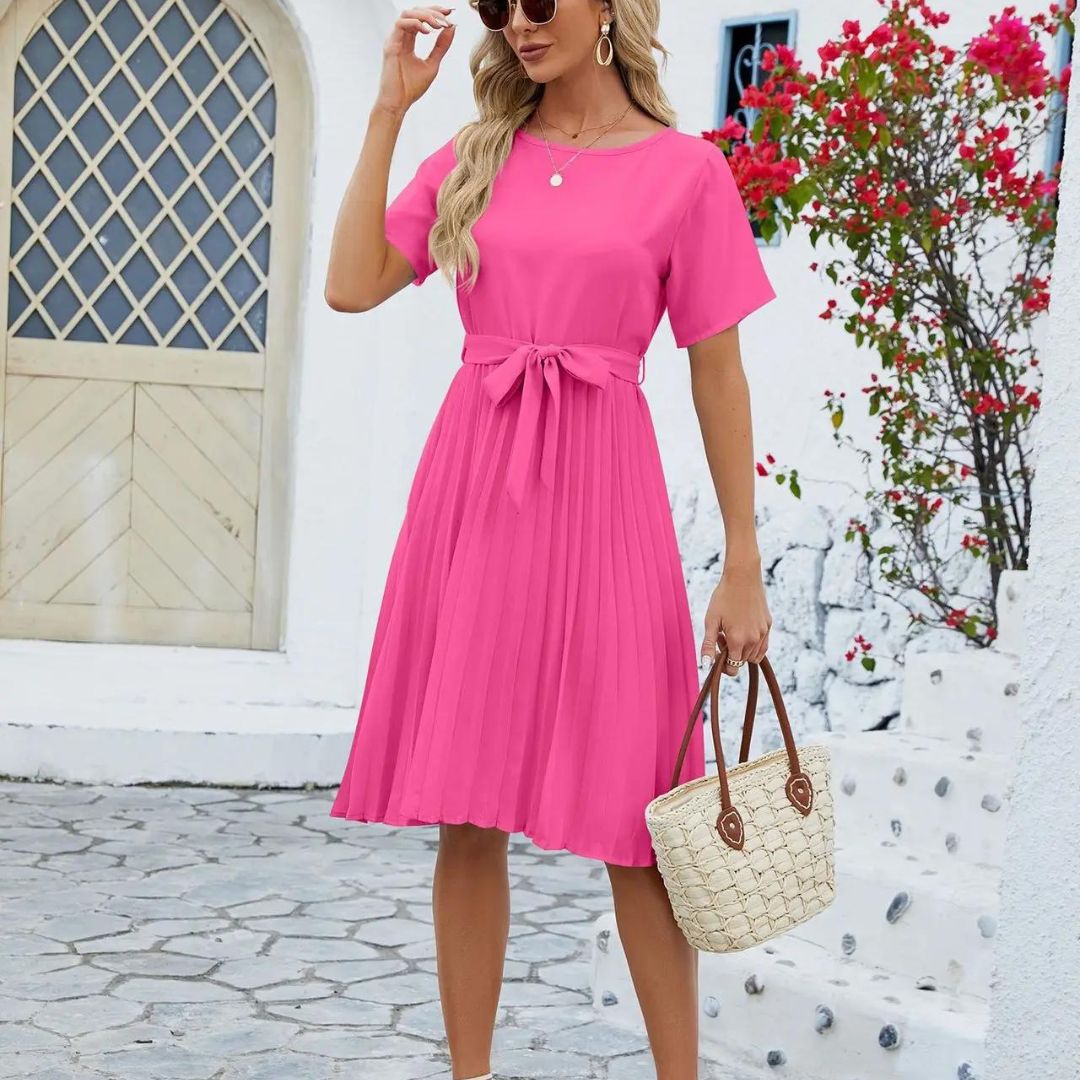 Vestido Midi con Falda Plisada y Cinturón Ajustable para Mujer | Ideal para Entornos Profesionales o Eventos