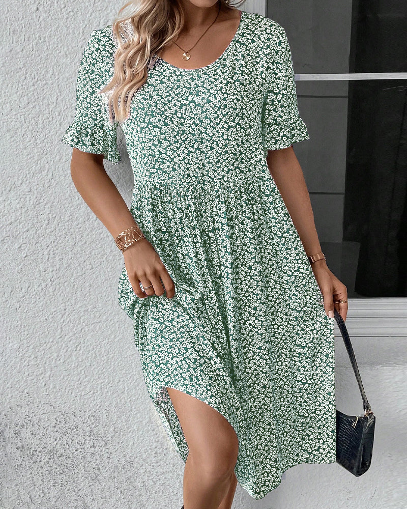 Vestido Midi con Cuello Redondo y Manga Corta Para Mujer | Ideal Para Uso Diario y Salidas Planificadas
