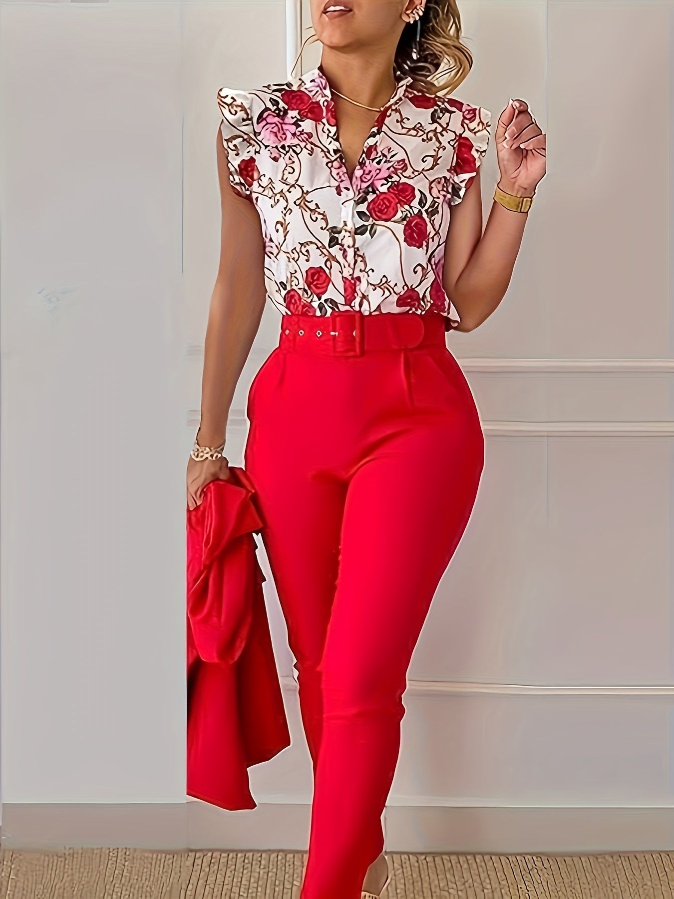 Conjunto De Dos Piezas Con Blusa Sin Mangas Y Pantalón De Cintura Alta Para Mujer | Ideal Para Oficina Y Uso Diario
