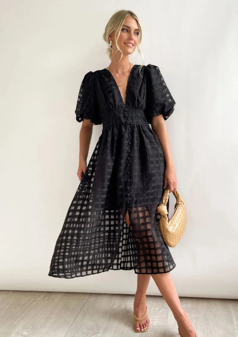 Vestido Midi con Estampado de Cuadros Calados para Mujer | Ideal para Eventos Formales y Ocasiones de Verano