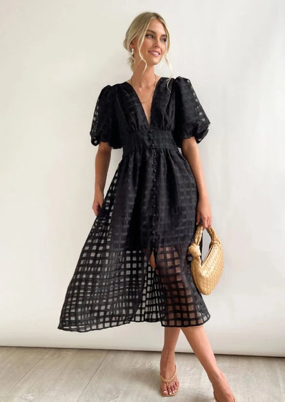 Vestido Midi con Estampado de Cuadros Calados para Mujer | Ideal para Eventos Formales y Ocasiones de Verano