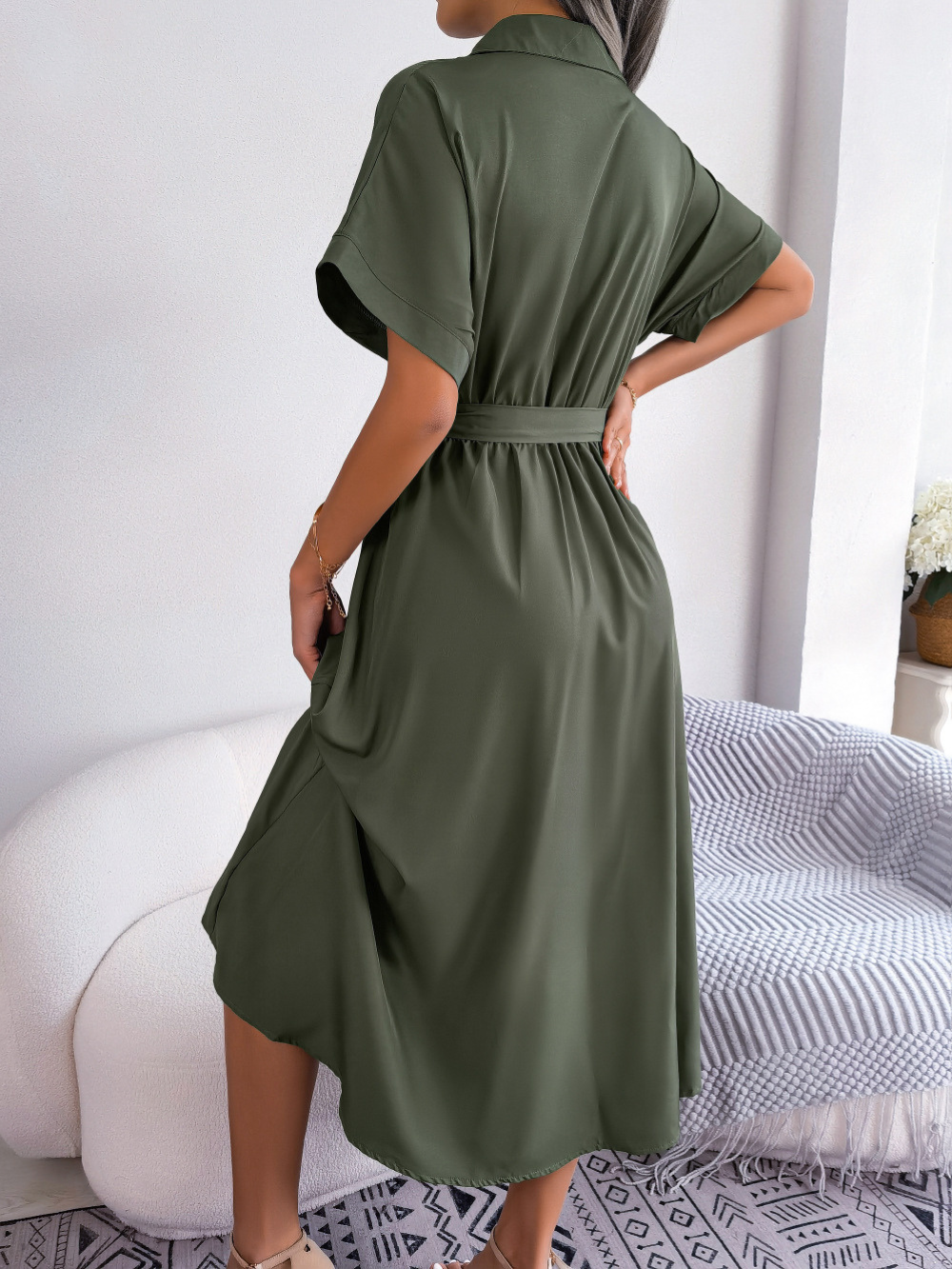 Vestido Camisero Midi con Cuello Clásico y Cinturón para Mujer | Ideal para Uso Diario