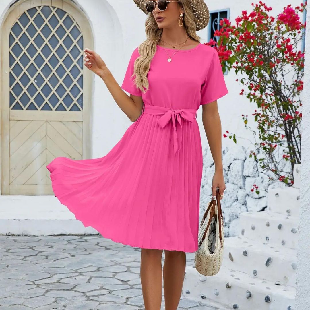 Vestido Midi con Falda Plisada y Cinturón Ajustable para Mujer | Ideal para Entornos Profesionales o Eventos