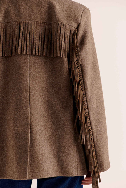 Blazer de Corte Recto con Hombros Estructurados y Flecos en Mangas para Mujer | Ideal para Uso Diario y Ocasiones Variadas