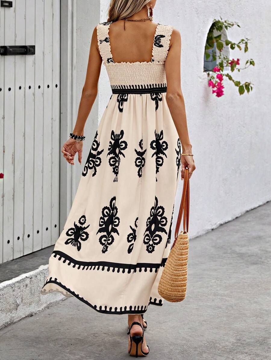 Vestido Midi Con Busto Fruncido Y Falda Evasé Para Mujer | Ideal Para Uso Diario Y Vacaciones