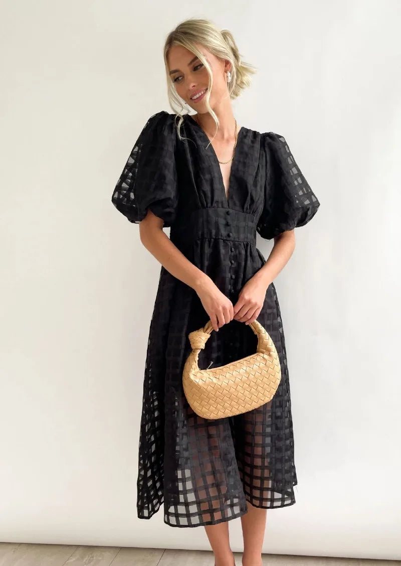Vestido Midi con Estampado de Cuadros Calados para Mujer | Ideal para Eventos Formales y Ocasiones de Verano