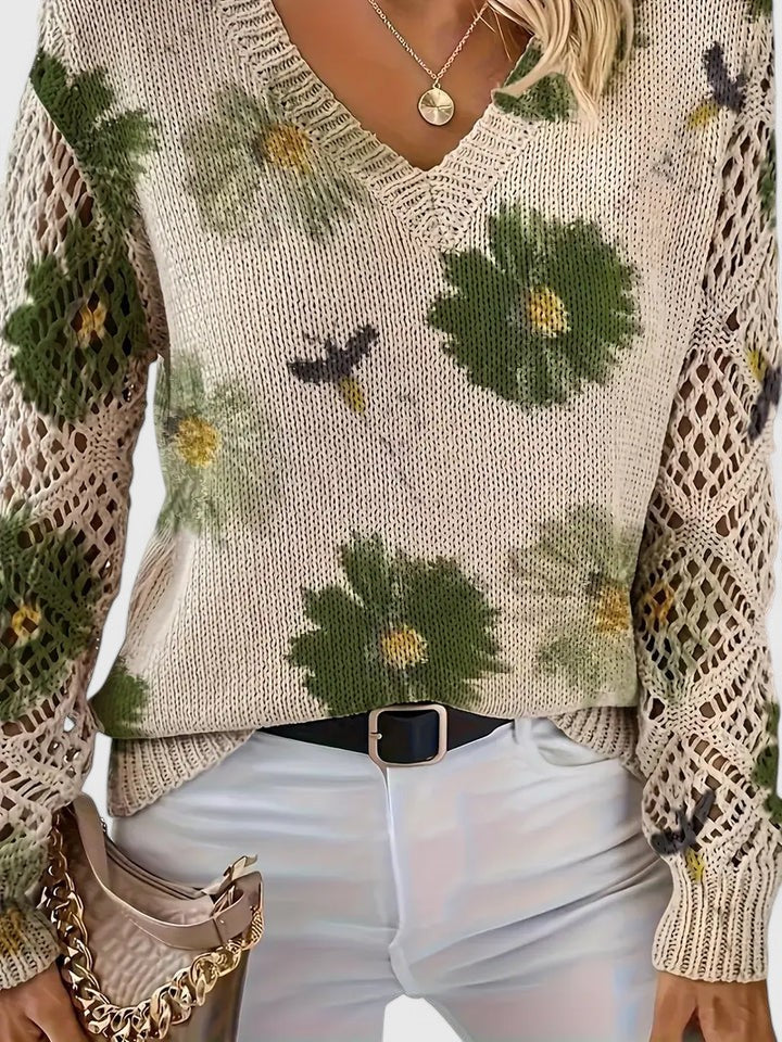 Jersey De Manga Larga Con Motivo Floral Y Cuello En V Para Mujer | Ideal Para Uso Diario