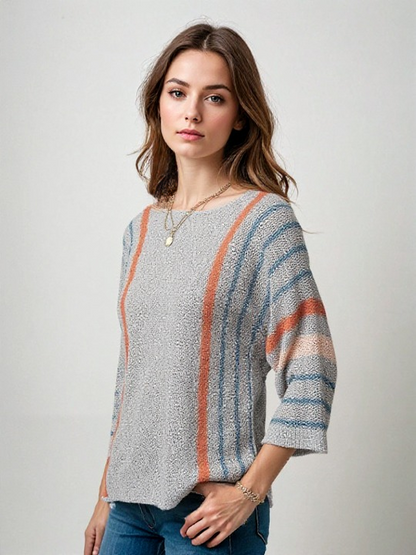 Jersey de Punto Suelto con Rayas Coloridas y Mangas Tres Cuartos para Mujer | Ideal para Uso Diario