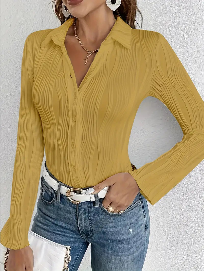 Blusa Con Superficie Acanalada Y Cierre De Botones Para Mujer | Ideal Para Uso Diario Y Oficina