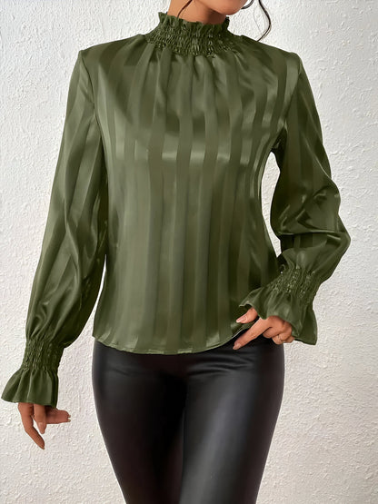 Blusa Plisada Con Mangas Largas Y Motivo A Rayas Para Mujer | Ideal Para Uso Diario O Profesional