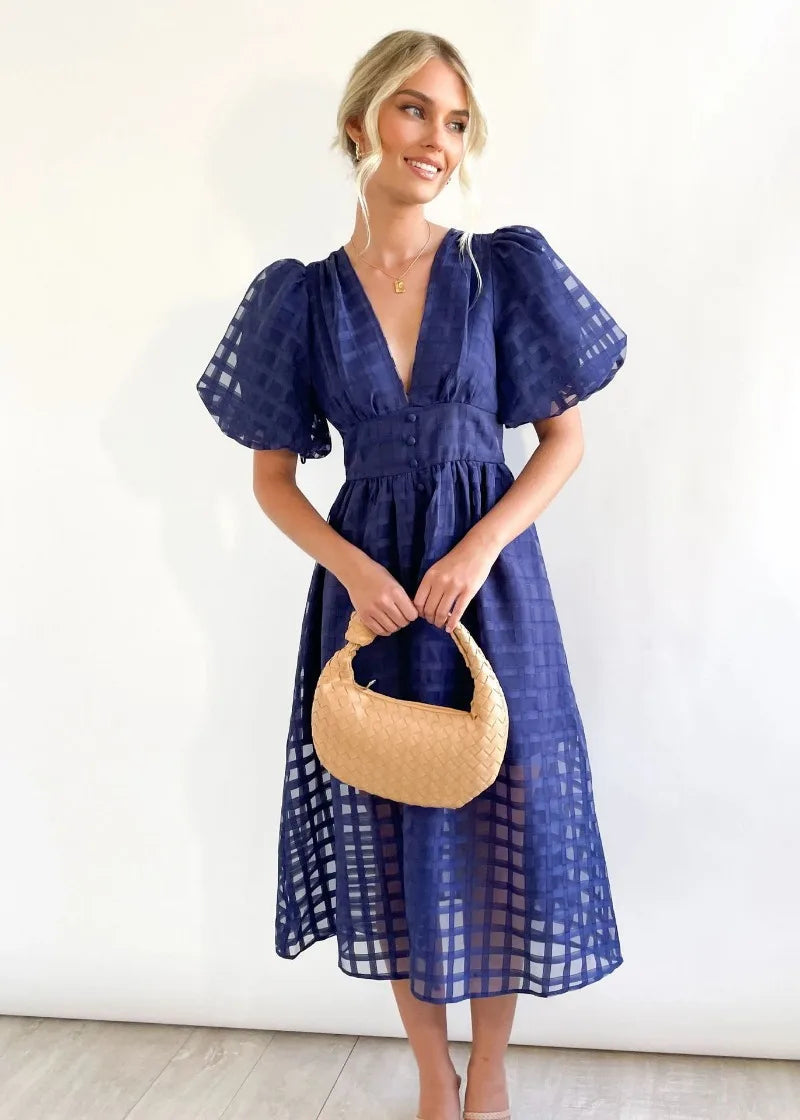 Vestido Midi con Estampado de Cuadros Calados para Mujer | Ideal para Eventos Formales y Ocasiones de Verano