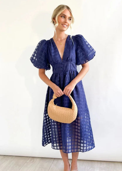 Vestido Midi con Estampado de Cuadros Calados para Mujer | Ideal para Eventos Formales y Ocasiones de Verano
