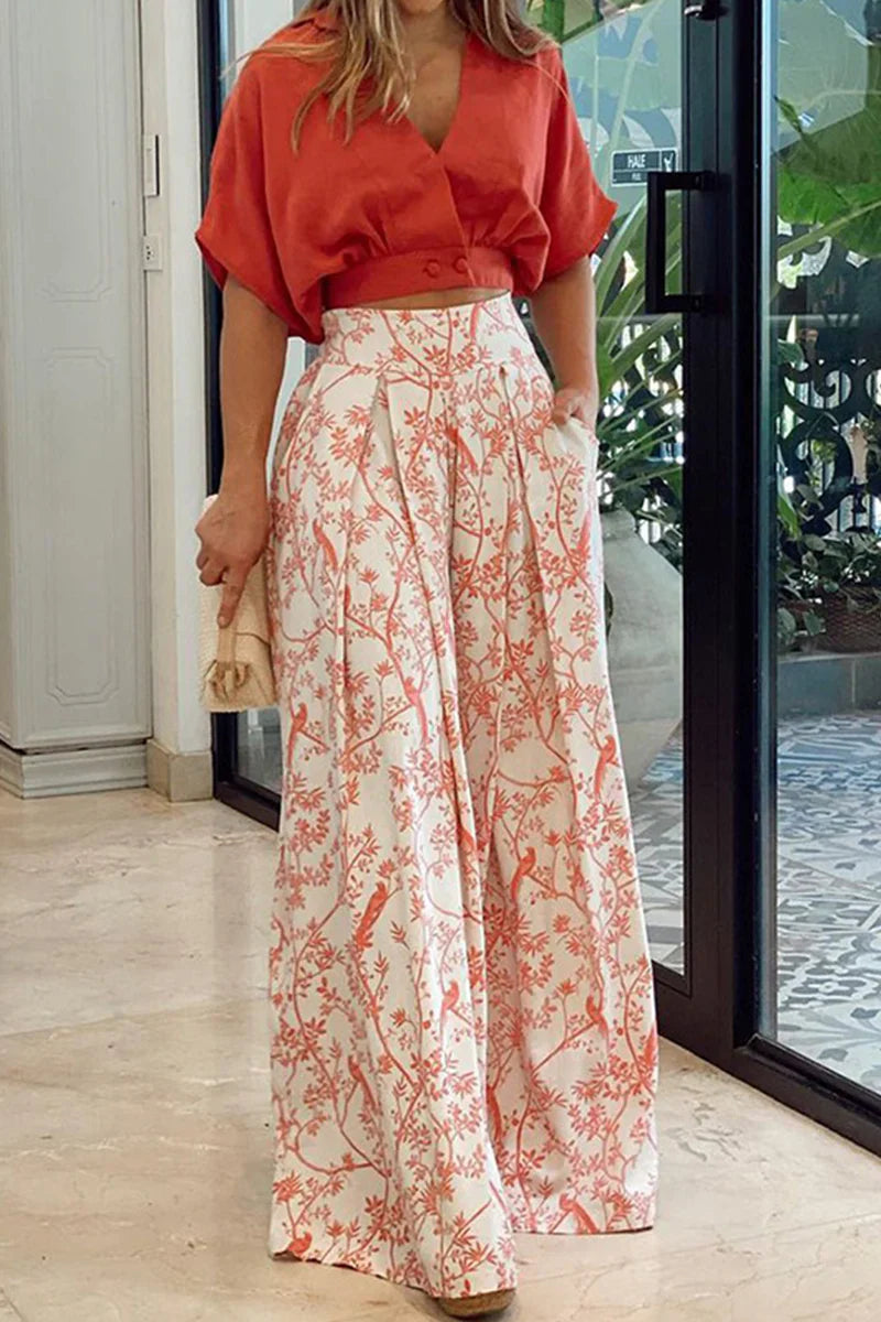 Conjunto De Top Corto con Mangas Abullonadas y Pantalón Ancho para Mujer | Ideal para Uso Diario