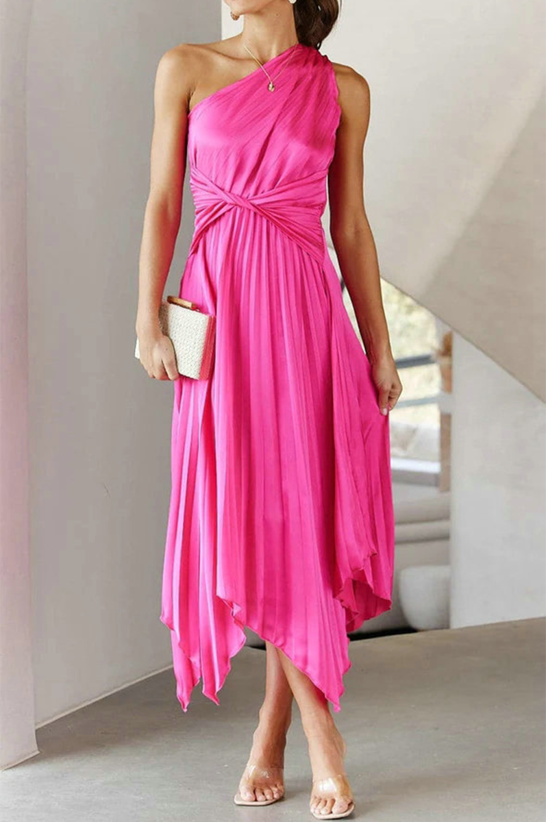 Vestido Midi Asimétrico De Un Hombro Con Falda Plisada Para Mujer | Ideal Para Eventos Formales