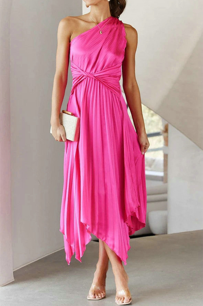 Vestido Midi Asimétrico De Un Hombro Con Falda Plisada Para Mujer | Ideal Para Eventos Formales