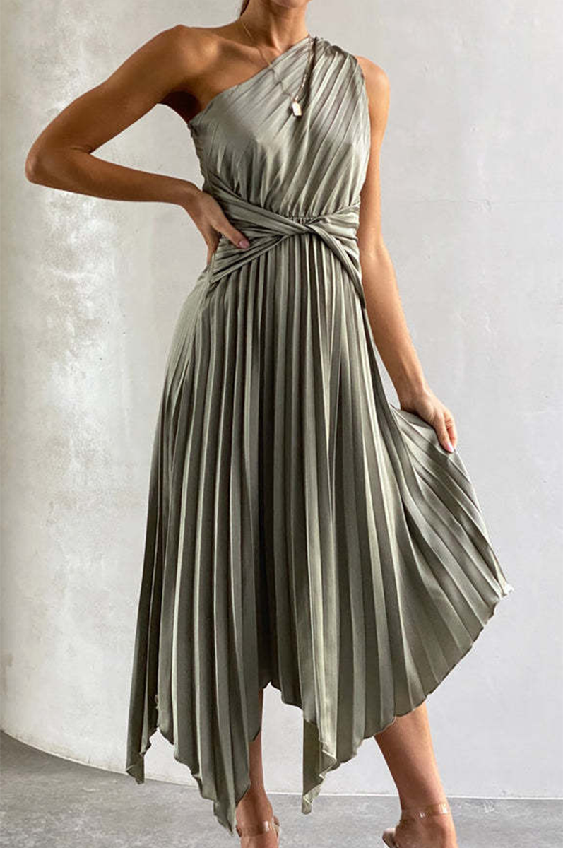 Vestido Midi Asimétrico De Un Hombro Con Falda Plisada Para Mujer | Ideal Para Eventos Formales