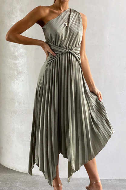 Vestido Midi Asimétrico De Un Hombro Con Falda Plisada Para Mujer | Ideal Para Eventos Formales