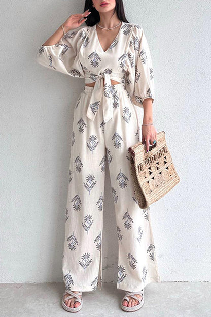Conjunto De Dos Piezas Con Blusa Estampada De Cuello En V Y Pantalón Ancho Para Mujer | Ideal Para Uso Diario