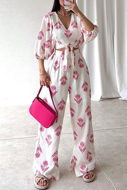 Conjunto De Dos Piezas Con Blusa Estampada De Cuello En V Y Pantalón Ancho Para Mujer | Ideal Para Uso Diario