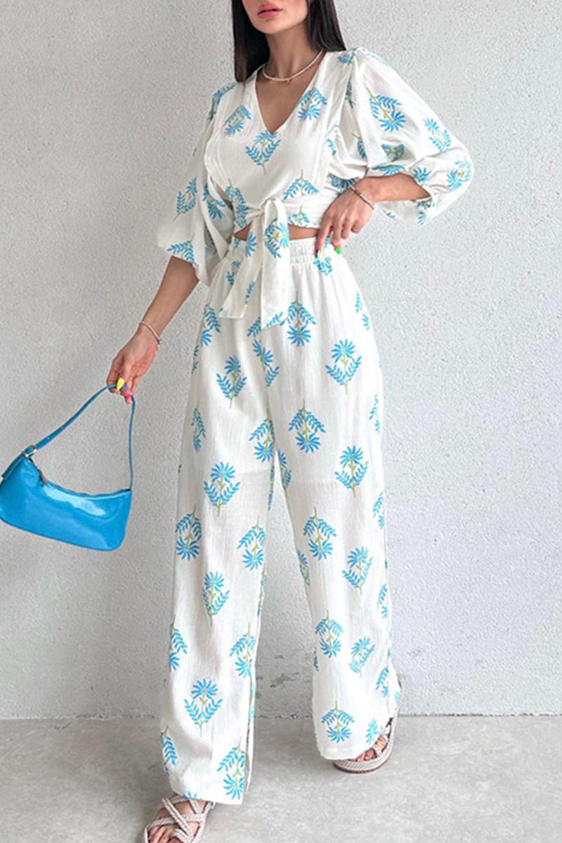Conjunto De Dos Piezas Con Blusa Estampada De Cuello En V Y Pantalón Ancho Para Mujer | Ideal Para Uso Diario