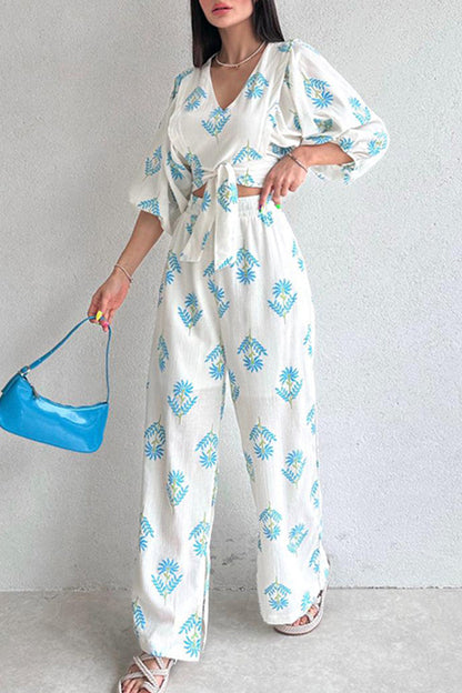 Conjunto De Dos Piezas Con Blusa Estampada De Cuello En V Y Pantalón Ancho Para Mujer | Ideal Para Uso Diario