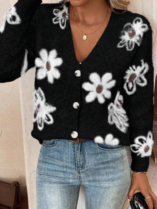 Cárdigan Con Motivo Floral Y Cuello En V Con Botones Para Mujer | Ideal Para Uso Diario