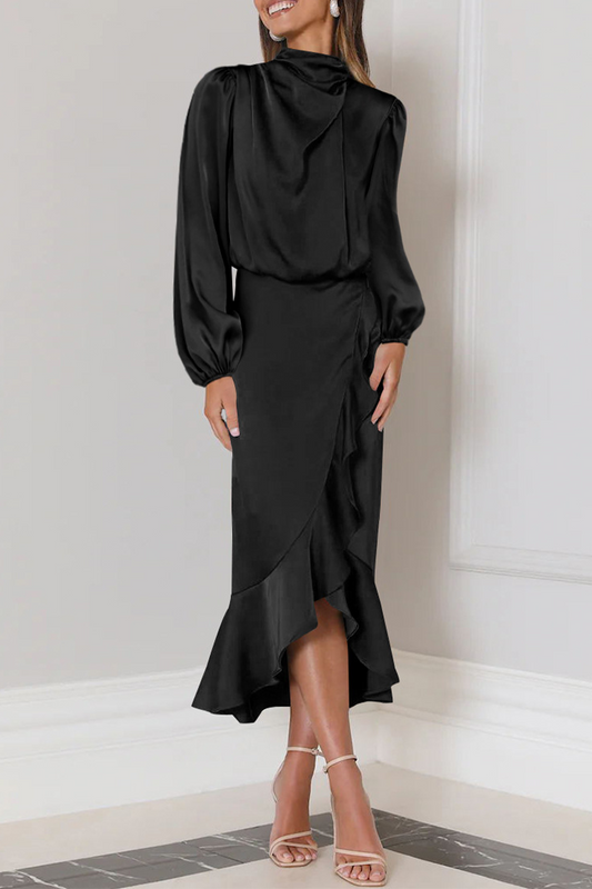 Vestido Midi con Cuello Alto Plisado y Volantes Para Mujer | Ideal Para Eventos y Ocasiones Especiales