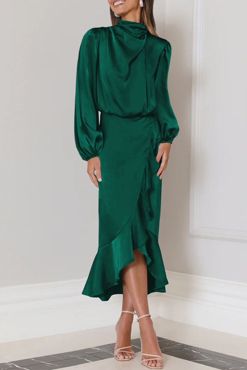 Vestido Midi con Cuello Alto Plisado y Volantes Para Mujer | Ideal Para Eventos y Ocasiones Especiales