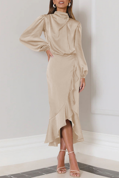 Vestido Midi con Cuello Alto Plisado y Volantes Para Mujer | Ideal Para Eventos y Ocasiones Especiales