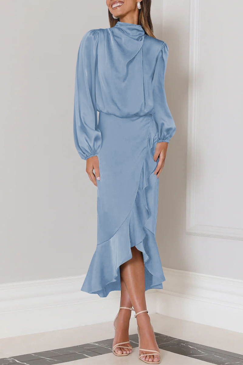 Vestido Midi con Cuello Alto Plisado y Volantes Para Mujer | Ideal Para Eventos y Ocasiones Especiales