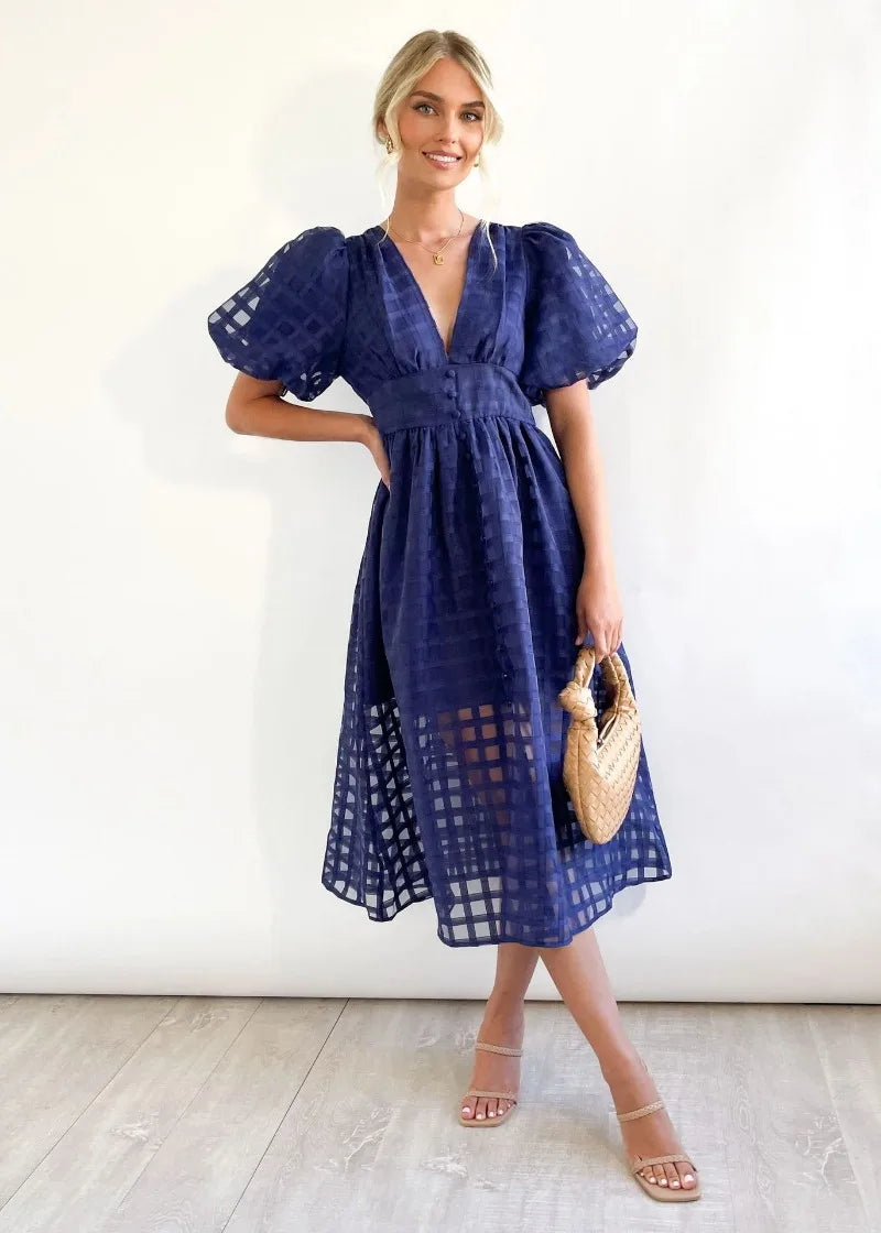 Vestido Midi con Estampado de Cuadros Calados para Mujer | Ideal para Eventos Formales y Ocasiones de Verano