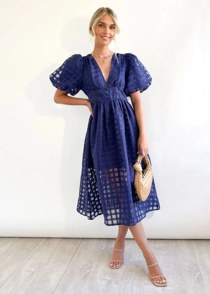 Vestido Midi con Estampado de Cuadros Calados para Mujer | Ideal para Eventos Formales y Ocasiones de Verano
