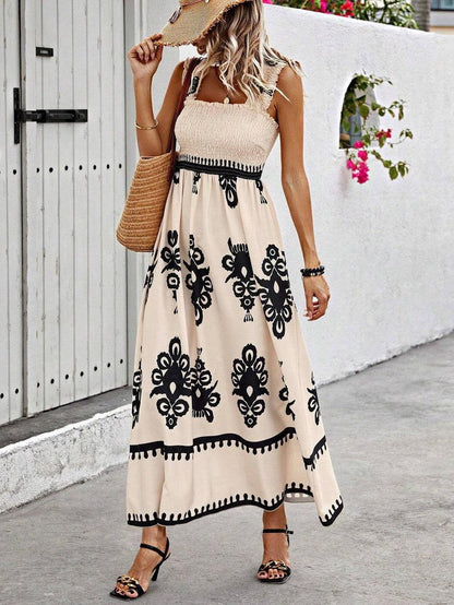 Vestido Midi Con Busto Fruncido Y Falda Evasé Para Mujer | Ideal Para Uso Diario Y Vacaciones